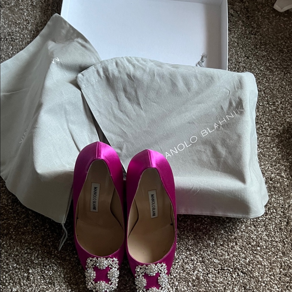 Manolo Blahnik Hot Pink Satin Pumps with Crystal Buckles - Picture 5 of 5